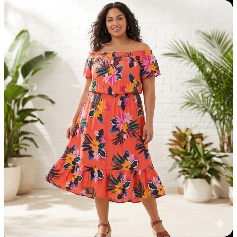 Old Navy Floral Off-The-Shoulder Midi Dress 2XL Tropical Beachy Coastal Resort